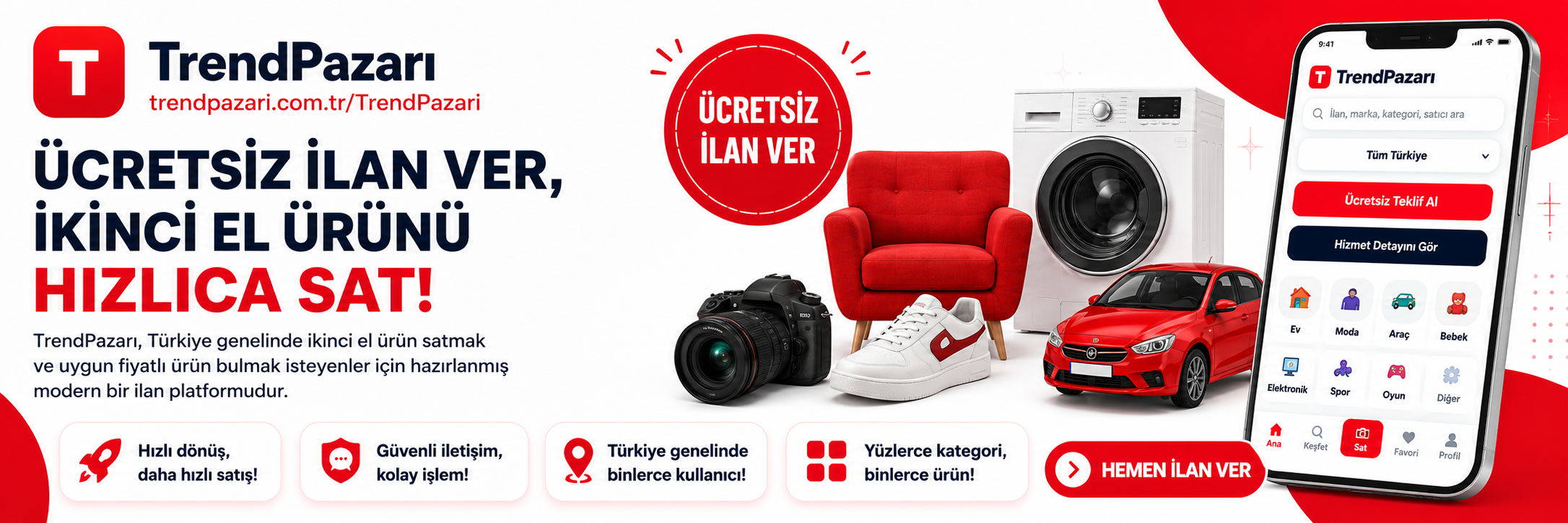 TrendPazarı ile ücretsiz ilan ver, ikinci el ürünü hızlıca sat