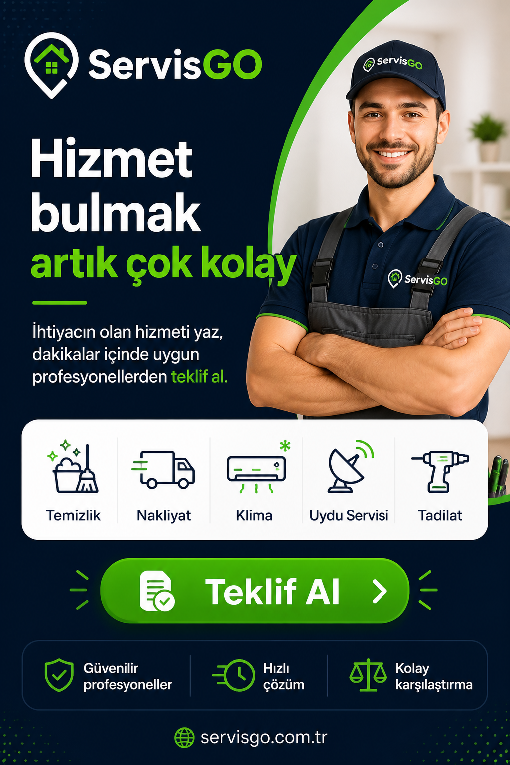 ServisGO ile temizlik, elektrik, tesisat, klima, TV tamiri, nakliye ve
